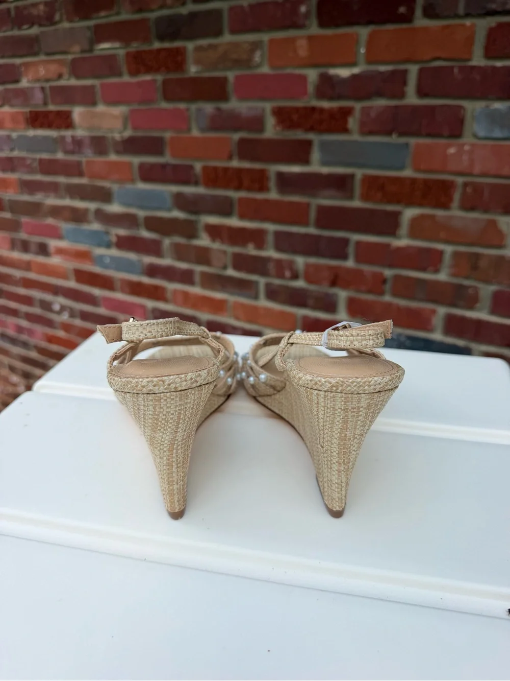 Brand New Raffia Pearl-Embellished Strappy Women’s wedges